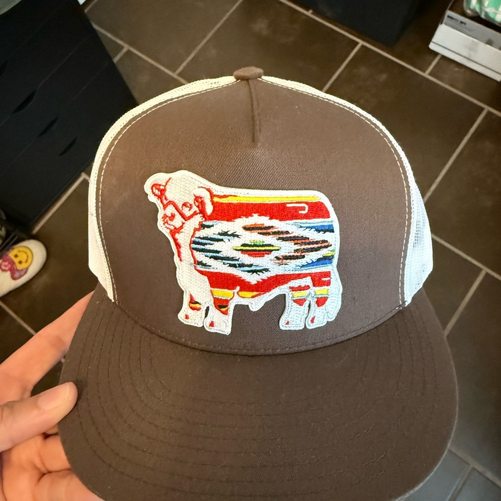 Brown and White Cap with Colorful Bull Design